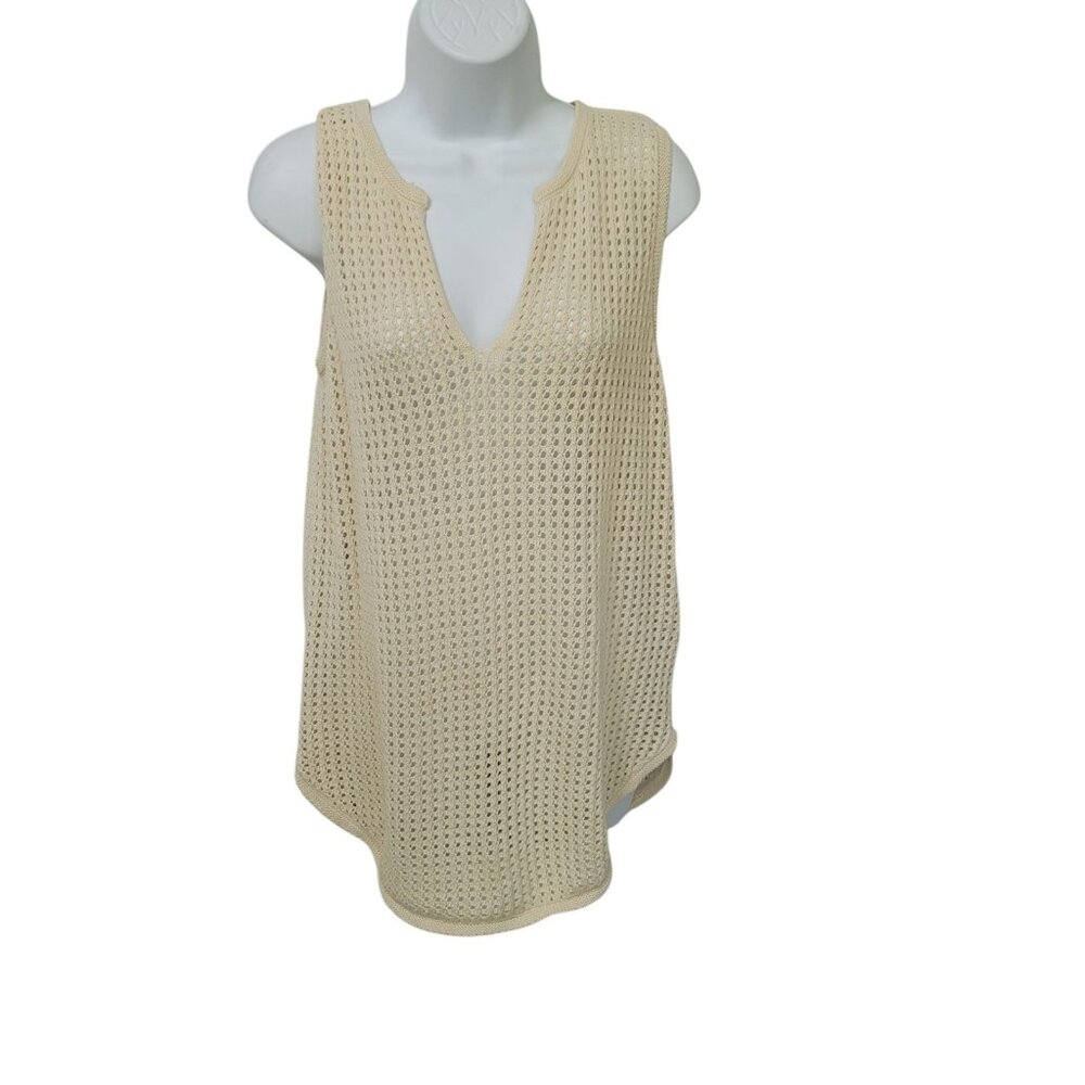Jeanne Pierre Cotton Ivory VNeck Tunic Open-Knit Pullover Sweater Vest M Coastal